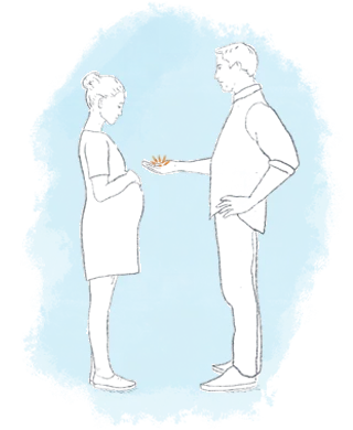 drawing of a man coercing a pregnant woman into taking the abortion pill